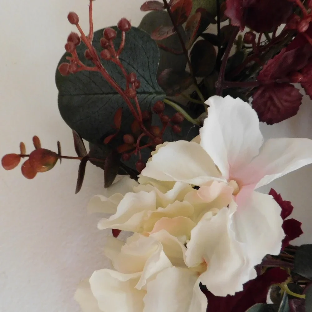 Mini Fall Candle Ring, Grapevine Wreath, Burgundy Leaves, Dried Look Hydrangeas